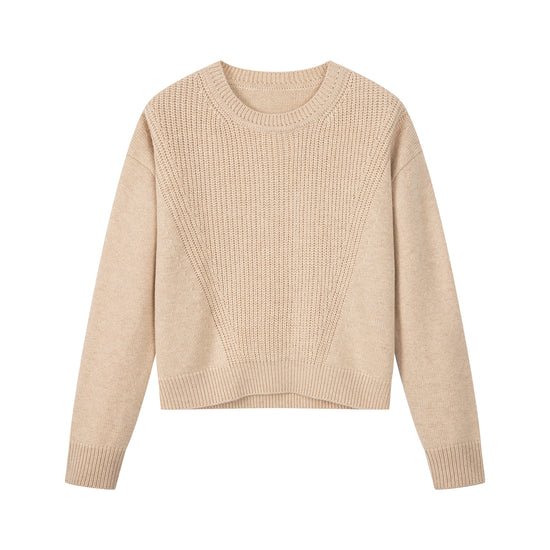 Arosris greige modern chic cashmere chunky knit sweater showcasing its luxurious 30% cashmere blend texture, saddle shoulder design, and architectural boxy silhouette.