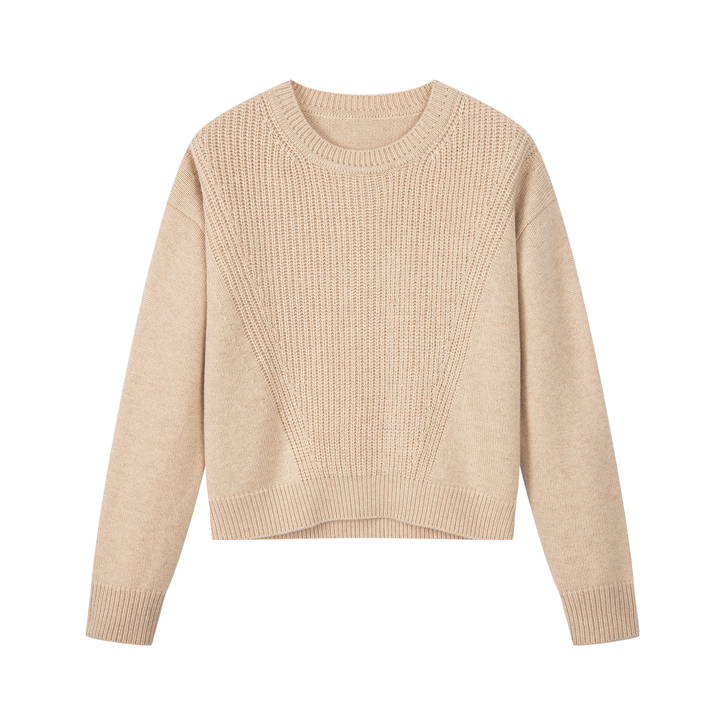 Arosris greige modern chic cashmere chunky knit sweater showcasing its luxurious 30% cashmere blend texture, saddle shoulder design, and architectural boxy silhouette.