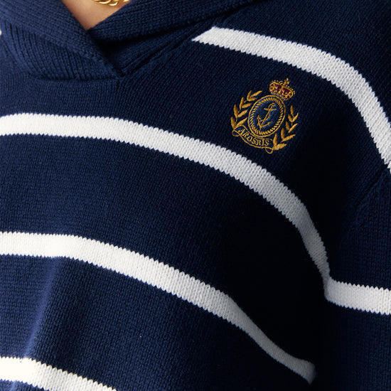 Arosris navy breton striped nautical zip collar sweater featuring an oversized sailor collar and retro ring pull, elegantly styled for an effortless 90s old money coastal yacht club aesthetic.