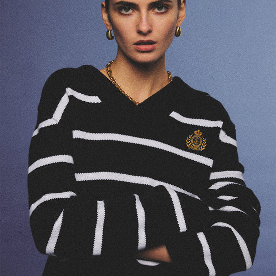Arosris navy breton striped nautical zip collar sweater featuring an oversized sailor collar and retro ring pull, elegantly styled for an effortless 90s old money coastal yacht club aesthetic.