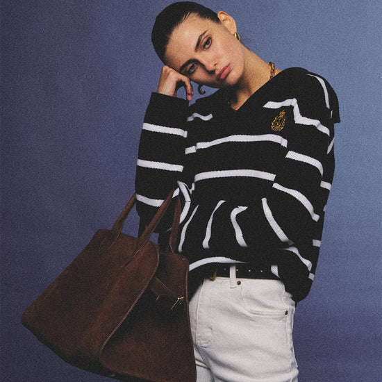 Arosris navy breton striped nautical zip collar sweater featuring an oversized sailor collar and retro ring pull, elegantly styled for an effortless 90s old money coastal yacht club aesthetic.