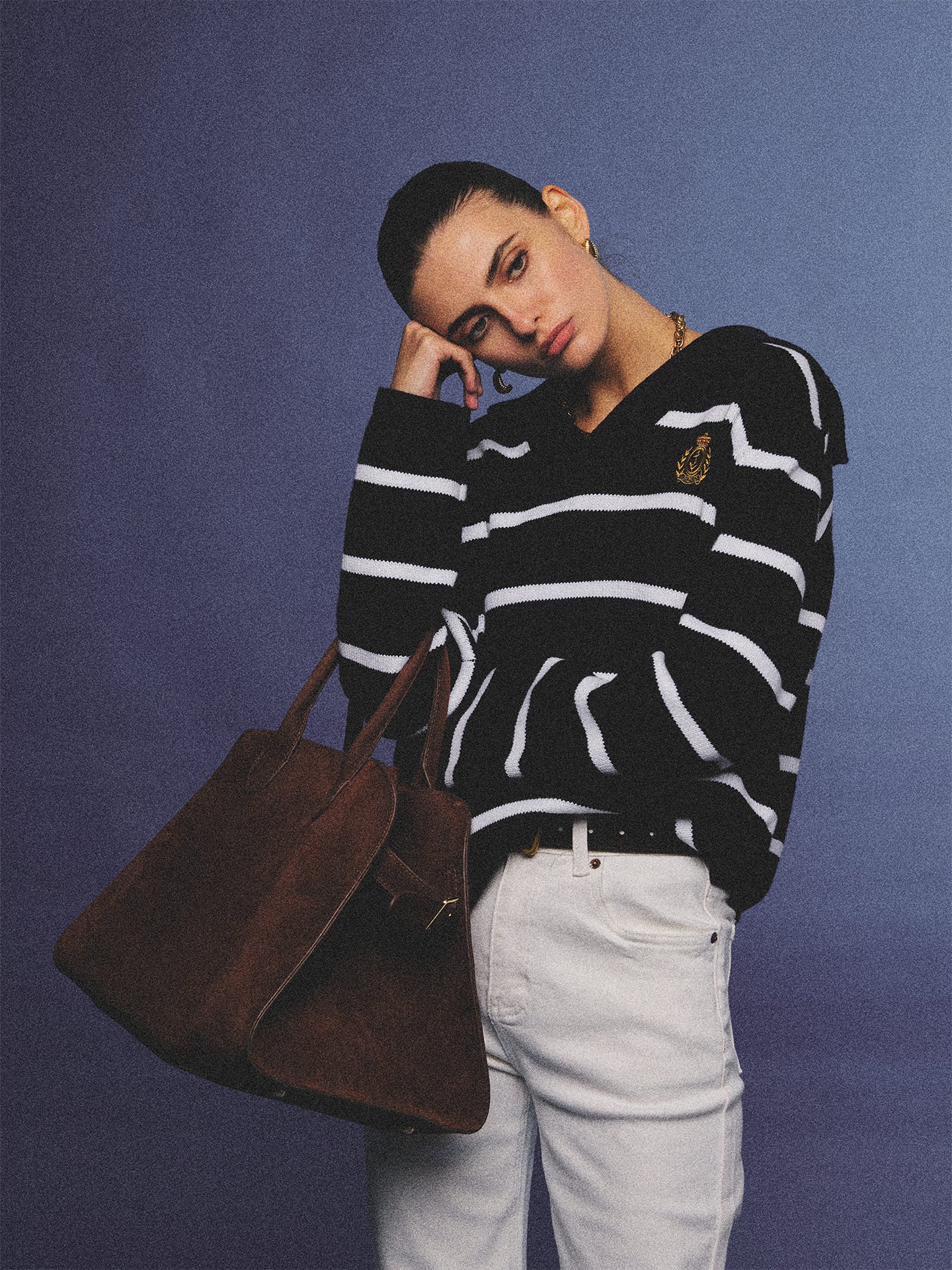 Arosris navy breton striped nautical zip collar sweater featuring an oversized sailor collar and retro ring pull, elegantly styled for an effortless 90s old money coastal yacht club aesthetic.