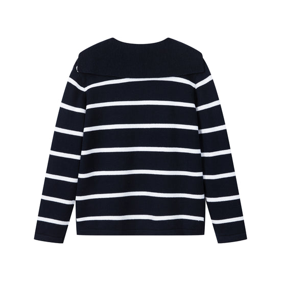 Arosris navy breton striped nautical zip collar sweater featuring an oversized sailor collar and retro ring pull, elegantly styled for an effortless 90s old money coastal yacht club aesthetic.
