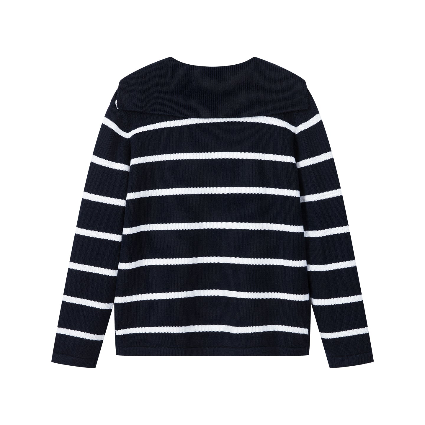 Arosris navy breton striped nautical zip collar sweater featuring an oversized sailor collar and retro ring pull, elegantly styled for an effortless 90s old money coastal yacht club aesthetic.