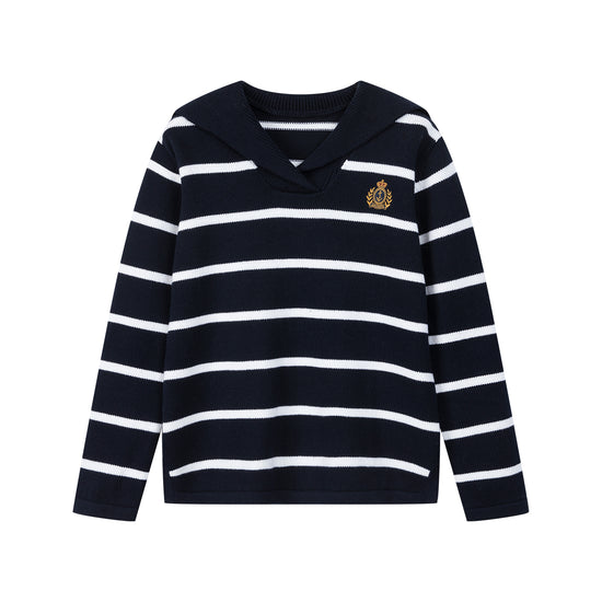 Arosris navy breton striped nautical zip collar sweater featuring an oversized sailor collar and retro ring pull, elegantly styled for an effortless 90s old money coastal yacht club aesthetic.