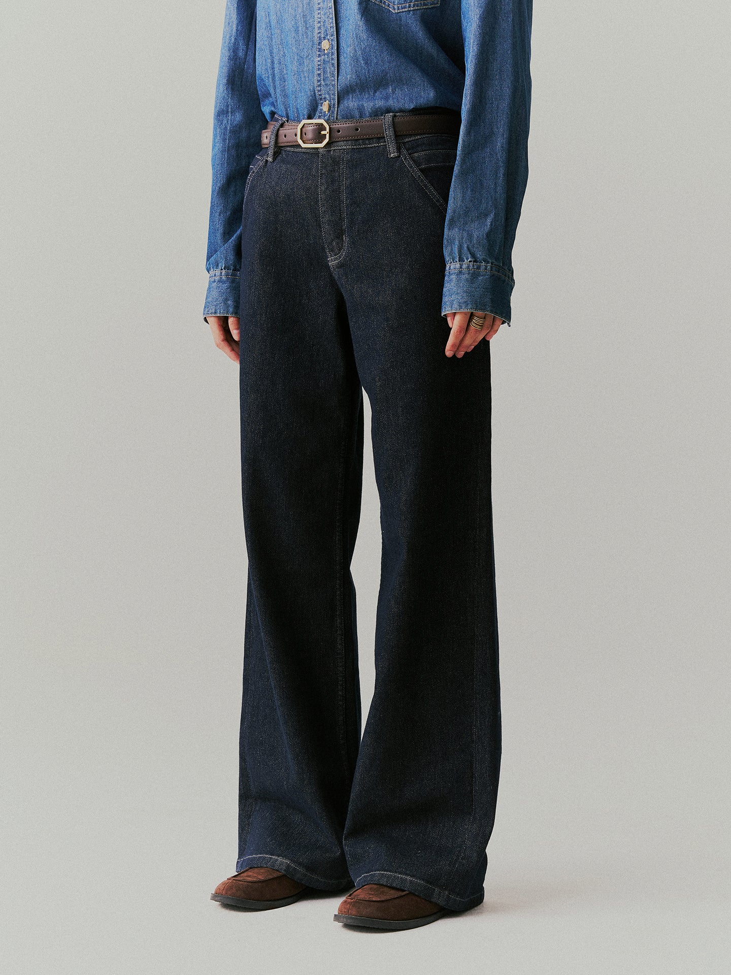 Arosris offshore high-rise wide-leg jeans in deep vintage indigo, showcasing the relaxed fit, premium denim structure, and classic 5-pocket styling.