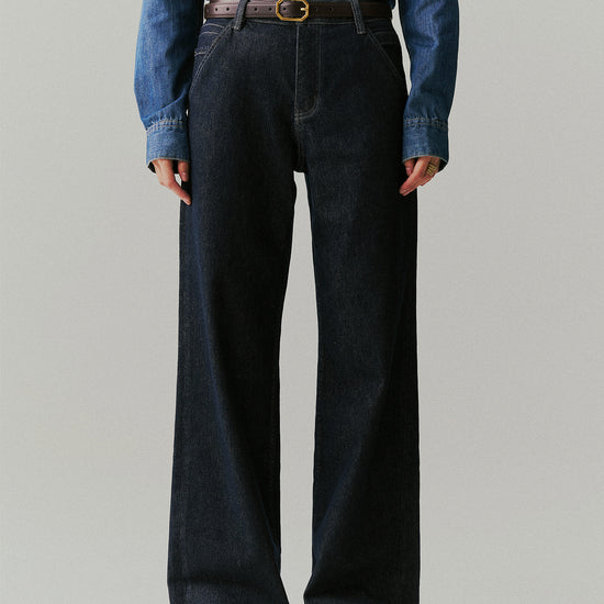 Arosris offshore high-rise wide-leg jeans in deep vintage indigo, showcasing the relaxed fit, premium denim structure, and classic 5-pocket styling.
