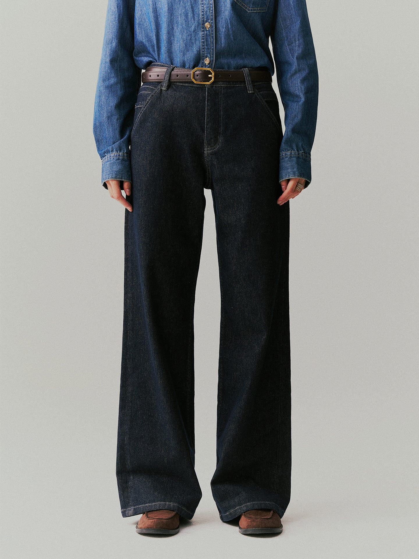 Arosris offshore high-rise wide-leg jeans in deep vintage indigo, showcasing the relaxed fit, premium denim structure, and classic 5-pocket styling.