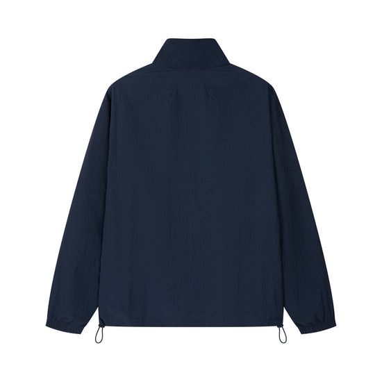 Arosris navy retro sport half-zip windproof jacket showcasing a minimalist logo, adjustable drawcord hem, and high-density technical fabric.