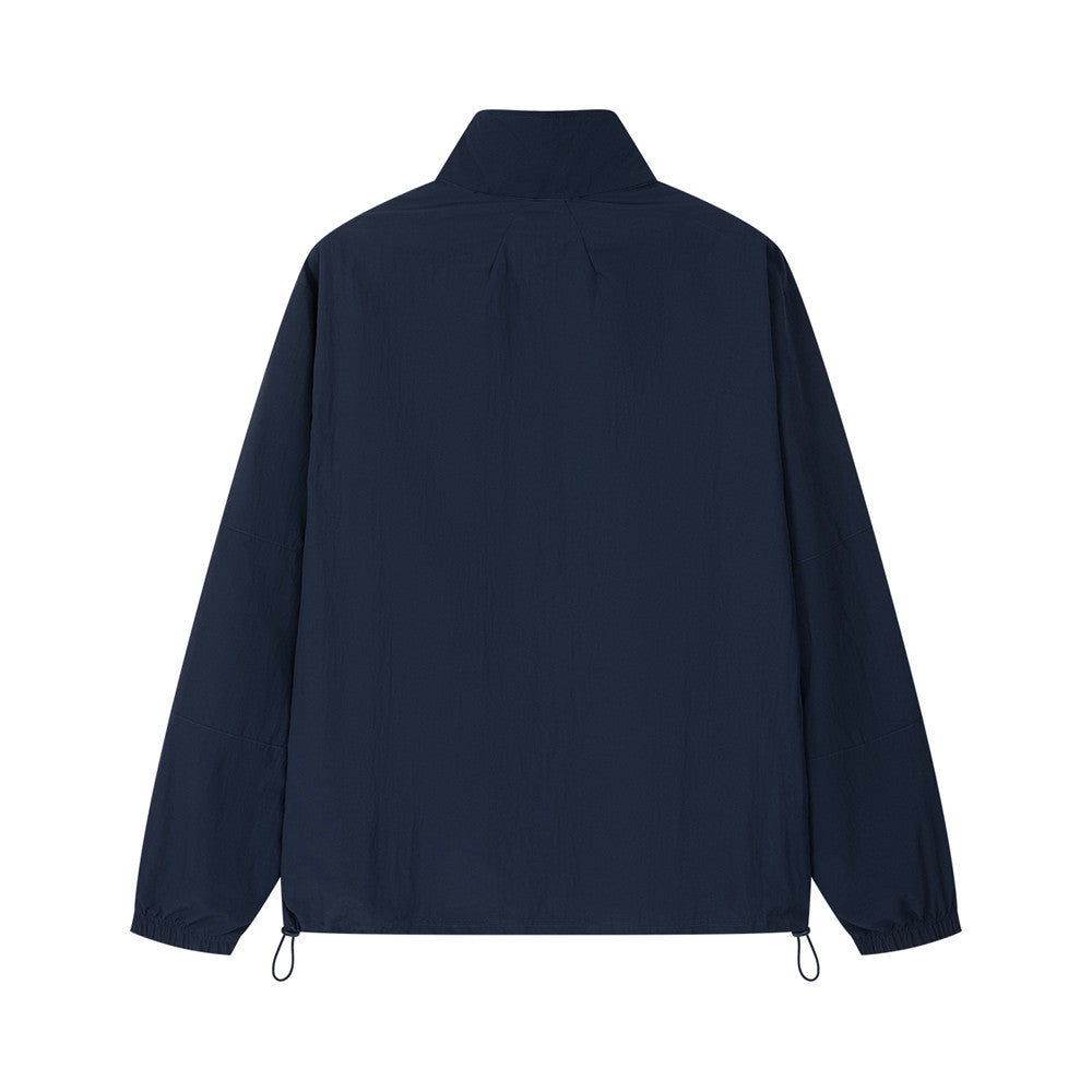 Arosris navy retro sport half-zip windproof jacket showcasing a minimalist logo, adjustable drawcord hem, and high-density technical fabric.