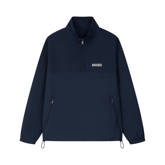 Arosris navy retro sport half-zip windproof jacket showcasing a minimalist logo, adjustable drawcord hem, and high-density technical fabric.