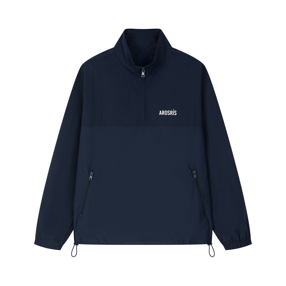 Arosris navy retro sport half-zip windproof jacket showcasing a minimalist logo, adjustable drawcord hem, and high-density technical fabric.