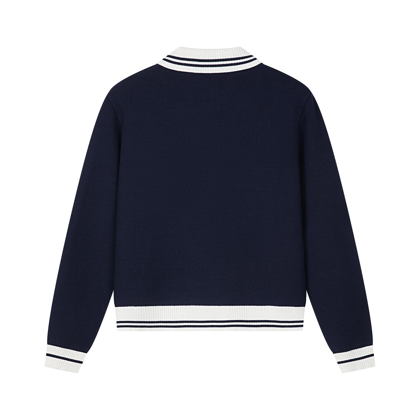 Arosris royal sapphire blue retro zip-up polo knit displayed in flat lay views, highlighting the contrast tipped collar, retro ring-pull half-zip, vintage crest embroidery, and flattering cropped silhouette.