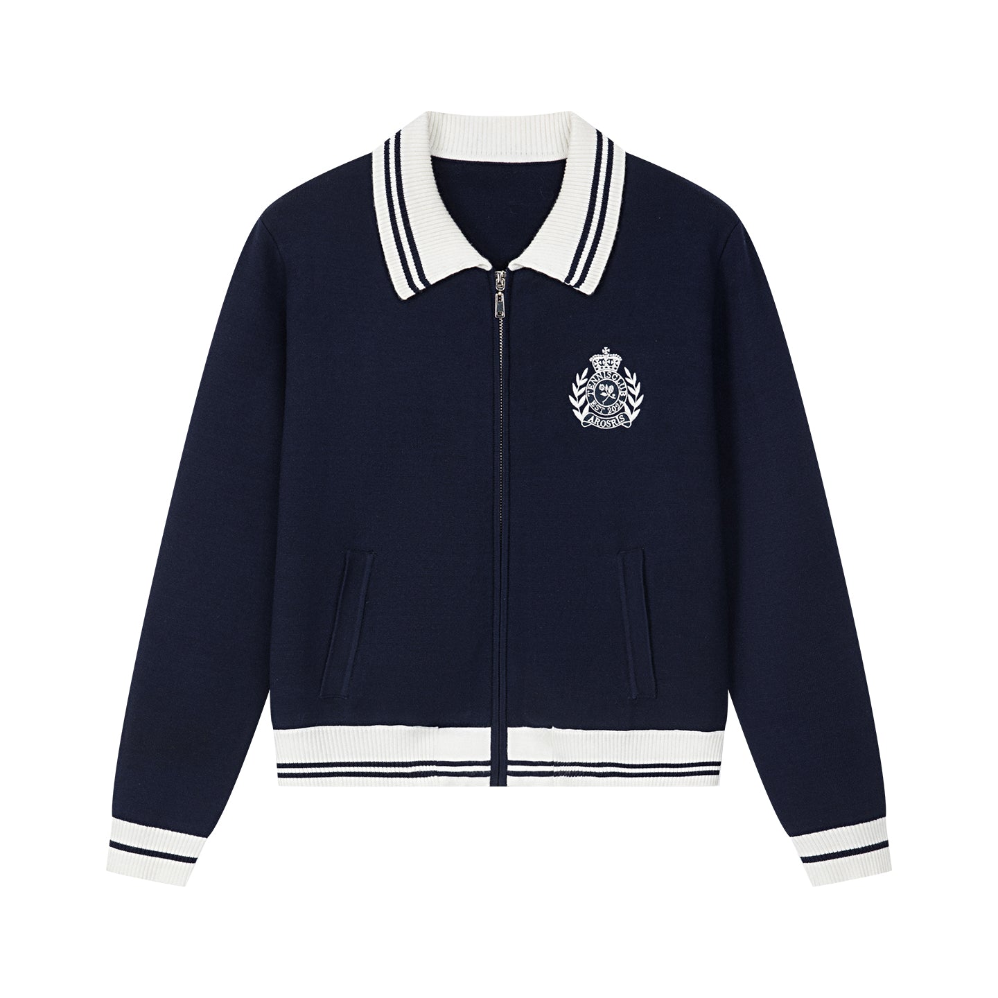 Arosris royal sapphire blue retro zip-up polo knit displayed in flat lay views, highlighting the contrast tipped collar, retro ring-pull half-zip, vintage crest embroidery, and flattering cropped silhouette.