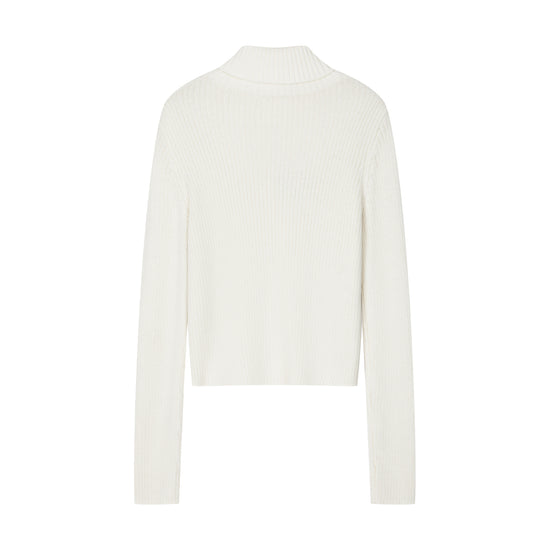 Arosris classic modern white ribbed wool blend turtleneck displayed in product flat lay views, highlighting the slim ribbed texture, classic folded collar, and custom 'RISING' floral chest embroidery.