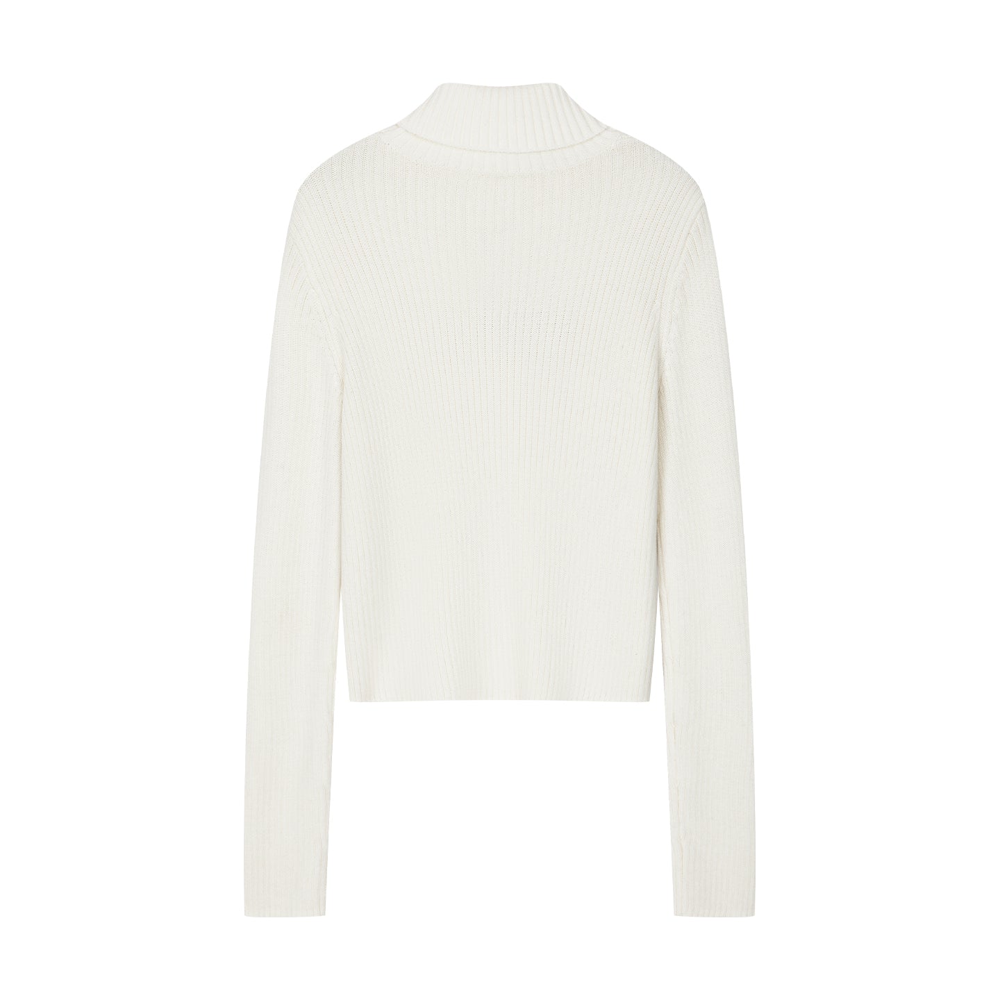 Arosris classic modern white ribbed wool blend turtleneck displayed in product flat lay views, highlighting the slim ribbed texture, classic folded collar, and custom 'RISING' floral chest embroidery.