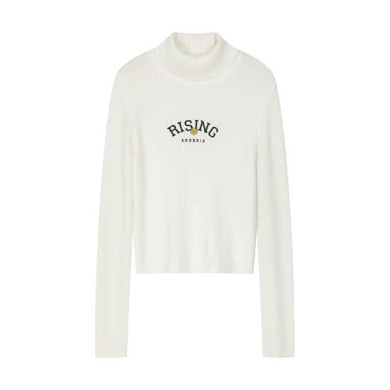 Arosris classic modern white ribbed wool blend turtleneck displayed in product flat lay views, highlighting the slim ribbed texture, classic folded collar, and custom 'RISING' floral chest embroidery.