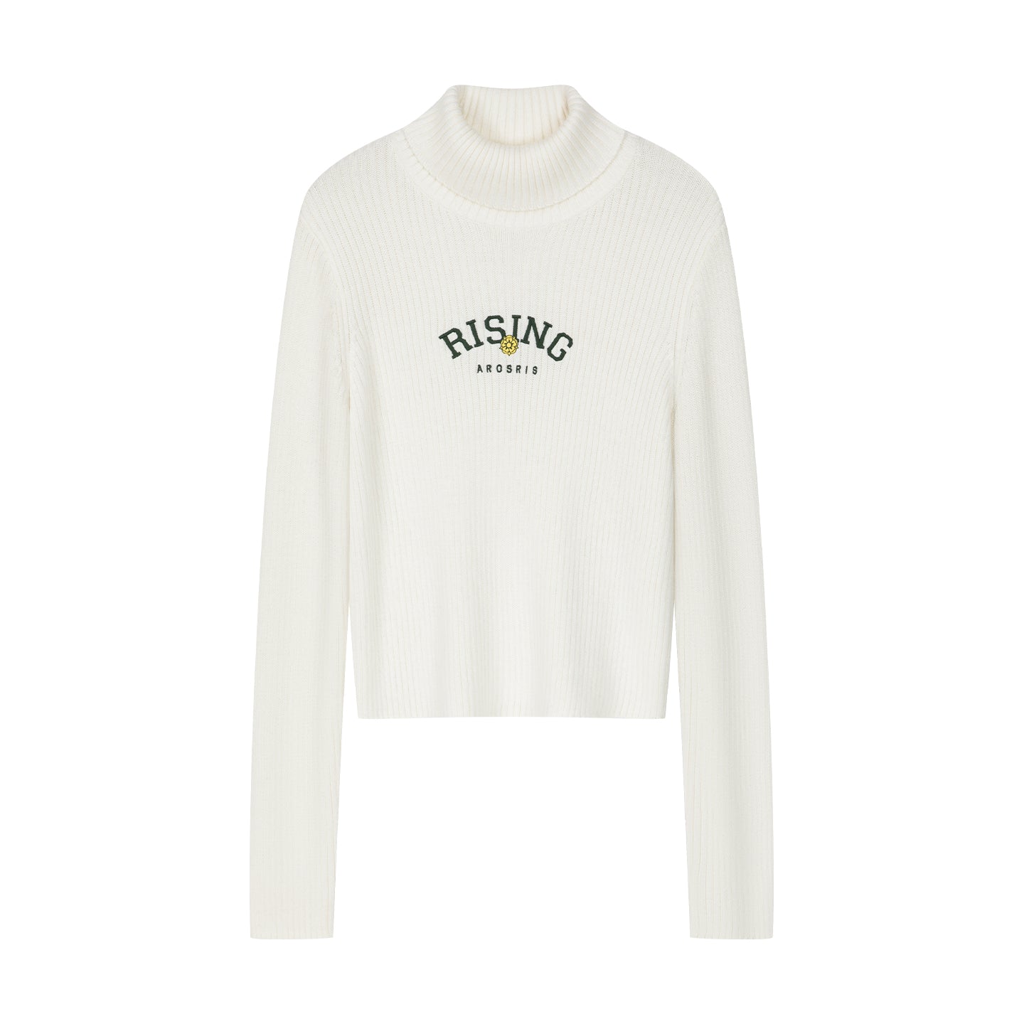 Arosris classic modern white ribbed wool blend turtleneck displayed in product flat lay views, highlighting the slim ribbed texture, classic folded collar, and custom 'RISING' floral chest embroidery.