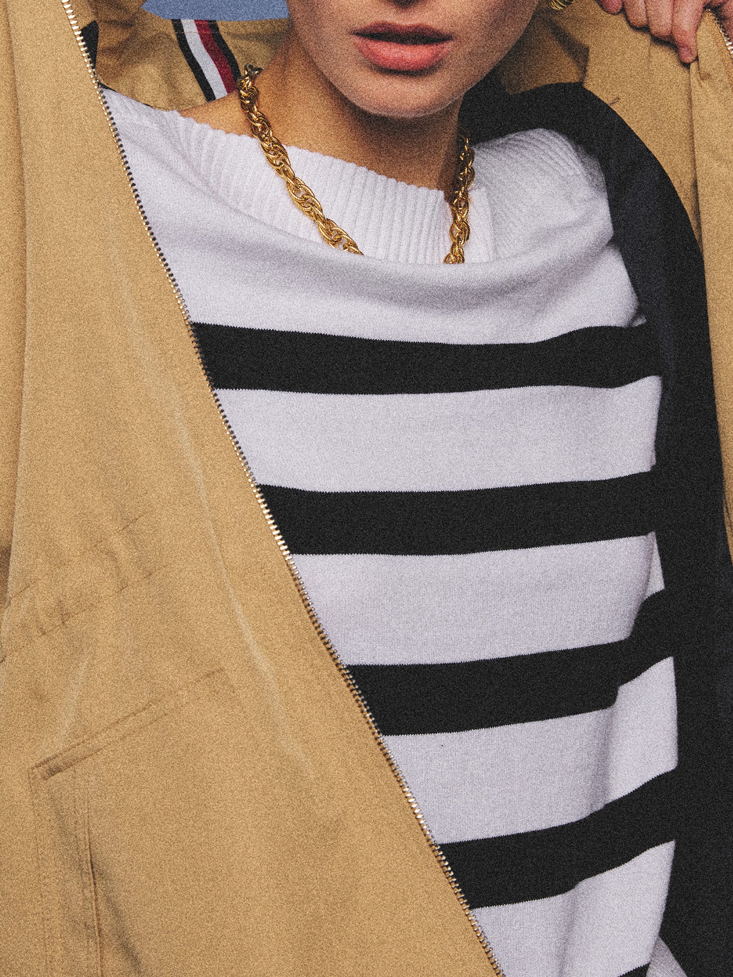 Arosris Riviera navy striped boat neck sweater elegantly styled on a model with corduroy shorts and vintage accessories, capturing an effortless 90s old money coastal resort aesthetic.