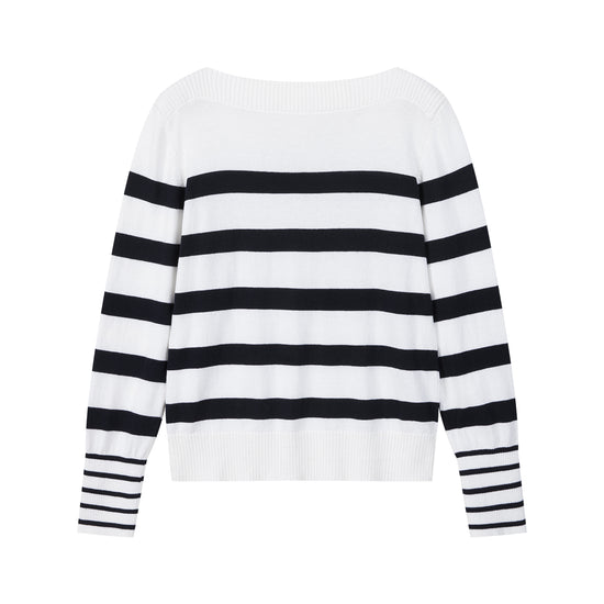 Arosris Riviera navy striped boat neck sweater displayed in flat lay views, showcasing the classic nautical Breton stripes, elegant boat neckline, and premium cotton knit texture.