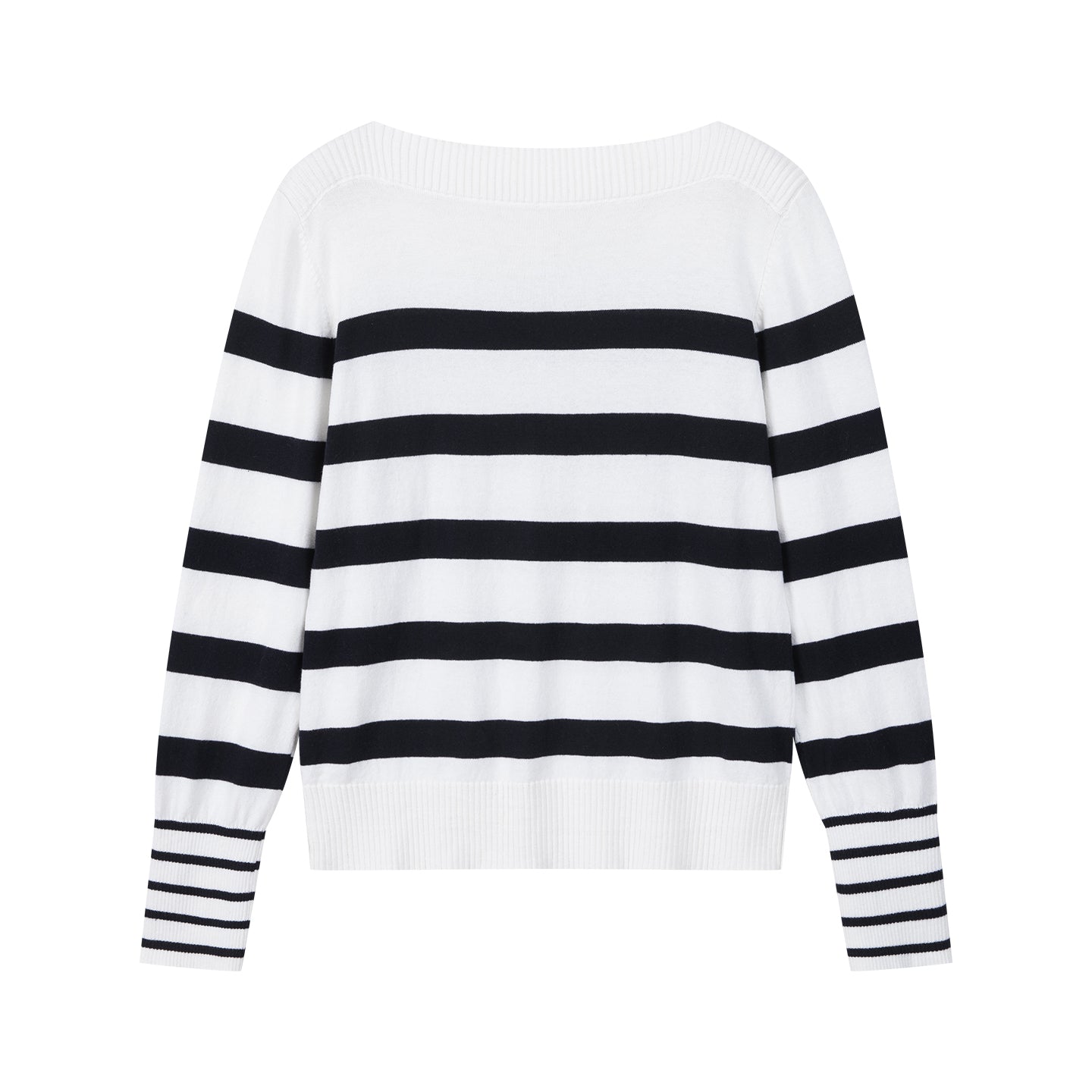 Arosris Riviera navy striped boat neck sweater displayed in flat lay views, showcasing the classic nautical Breton stripes, elegant boat neckline, and premium cotton knit texture.