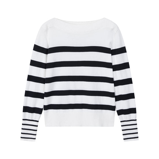 Arosris Riviera navy striped boat neck sweater displayed in flat lay views, showcasing the classic nautical Breton stripes, elegant boat neckline, and premium cotton knit texture.