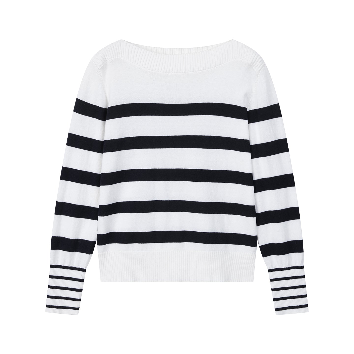 Arosris Riviera navy striped boat neck sweater displayed in flat lay views, showcasing the classic nautical Breton stripes, elegant boat neckline, and premium cotton knit texture.