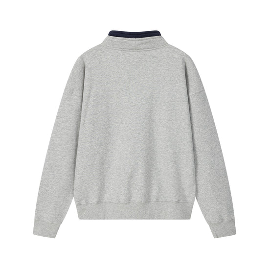 Arosris ash grey sailing navigation mock neck sweatshirt displayed in flat lay views, showcasing the distinctive adjustable drawstring neck, custom vintage nautical graphic, and premium fleece interior.
