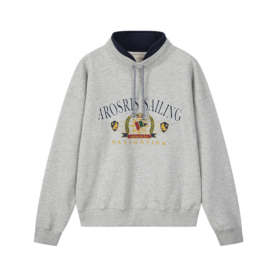 Arosris ash grey sailing navigation mock neck sweatshirt displayed in flat lay views, showcasing the distinctive adjustable drawstring neck, custom vintage nautical graphic, and premium fleece interior.