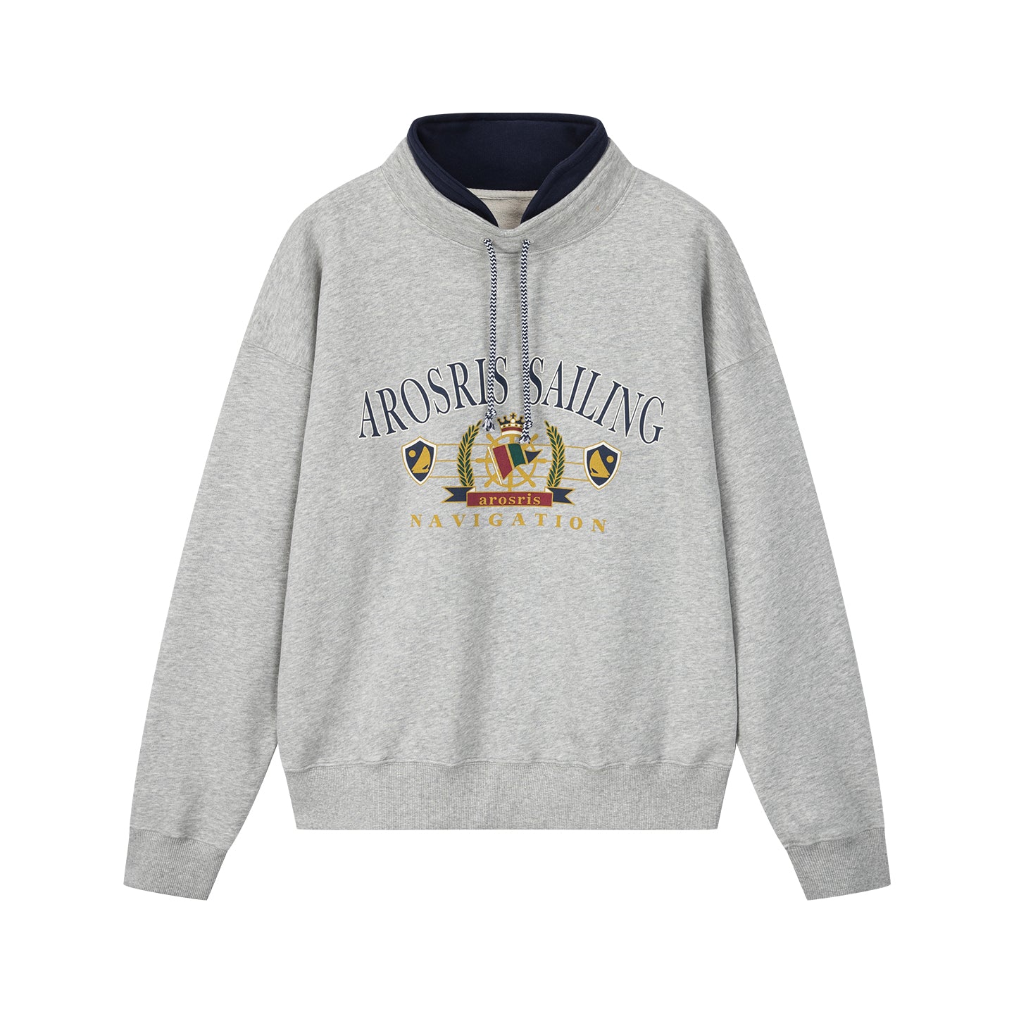 Arosris ash grey sailing navigation mock neck sweatshirt displayed in flat lay views, showcasing the distinctive adjustable drawstring neck, custom vintage nautical graphic, and premium fleece interior.