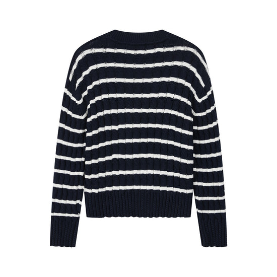 Arosris navy nautical striped crewneck sweater showcasing a premium textured knit construction, classic ribbed trims, and a slightly cropped boxy fit.