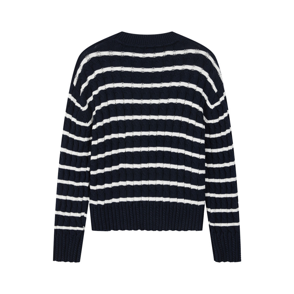 Arosris navy nautical striped crewneck sweater showcasing a premium textured knit construction, classic ribbed trims, and a slightly cropped boxy fit.