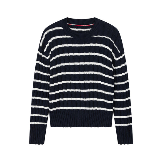 Arosris navy nautical striped crewneck sweater showcasing a premium textured knit construction, classic ribbed trims, and a slightly cropped boxy fit.