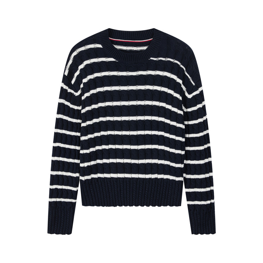 Arosris navy nautical striped crewneck sweater showcasing a premium textured knit construction, classic ribbed trims, and a slightly cropped boxy fit.