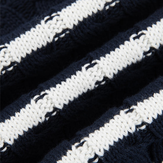 Arosris navy nautical striped crewneck sweater showcasing a premium textured knit construction, classic ribbed trims, and a slightly cropped boxy fit.