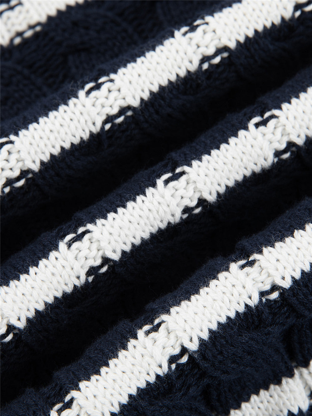 Arosris navy nautical striped crewneck sweater showcasing a premium textured knit construction, classic ribbed trims, and a slightly cropped boxy fit.