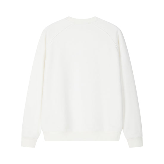 Arosris club white tennis club heritage sweatshirt displayed in flat lay views, showcasing the distinctive vintage crest graphic, structured ribbed crewneck, and the soft fleece-lined interior.