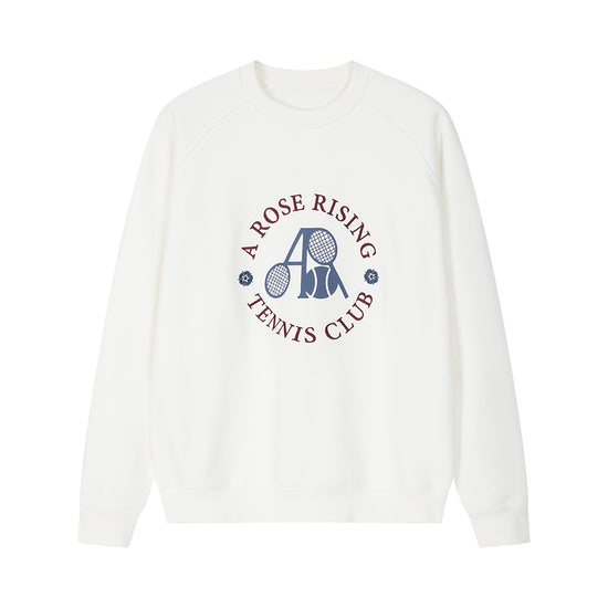 Arosris club white tennis club heritage sweatshirt displayed in flat lay views, showcasing the distinctive vintage crest graphic, structured ribbed crewneck, and the soft fleece-lined interior.