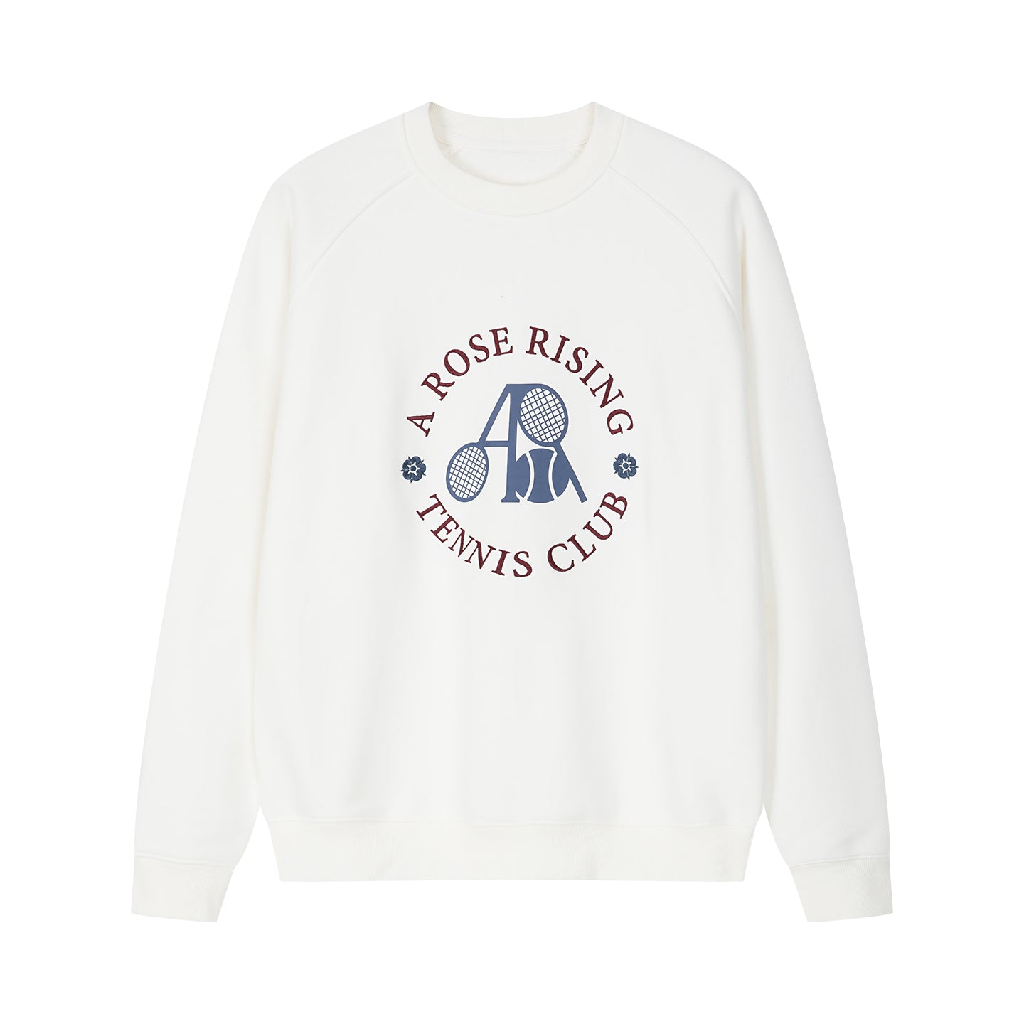 Arosris club white tennis club heritage sweatshirt displayed in flat lay views, showcasing the distinctive vintage crest graphic, structured ribbed crewneck, and the soft fleece-lined interior.