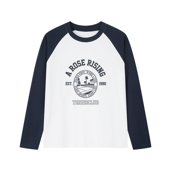 Arosris white and navy long sleeve raglan T-shirt, featuring contrast sleeves and a custom 'A Rose Rising Tennis Club' vintage graphic print.