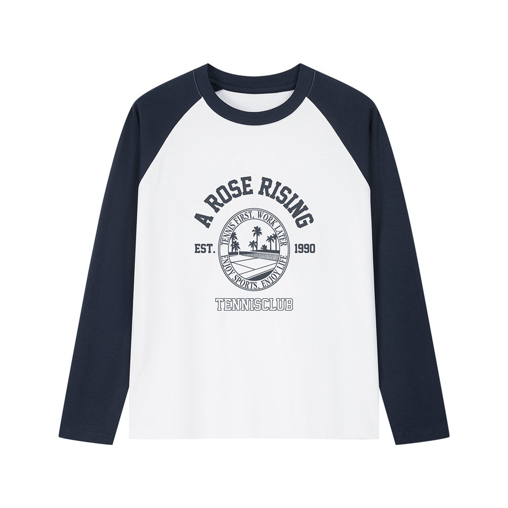 Arosris white and navy long sleeve raglan T-shirt, featuring contrast sleeves and a custom 'A Rose Rising Tennis Club' vintage graphic print.