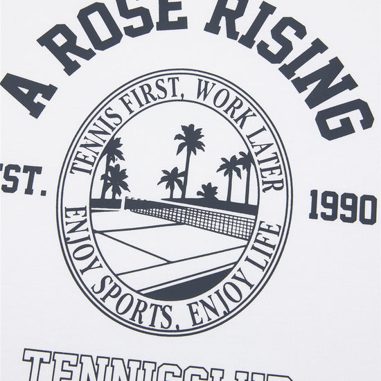 Arosris white and navy long sleeve raglan T-shirt, featuring contrast sleeves and a custom 'A Rose Rising Tennis Club' vintage graphic print.