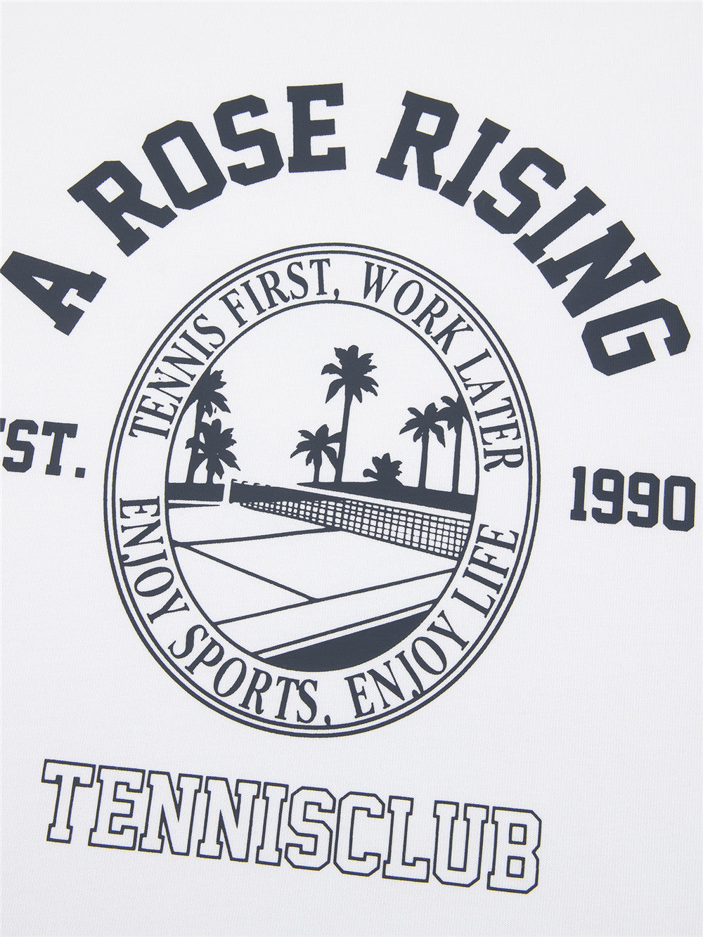 Arosris white and navy long sleeve raglan T-shirt, featuring contrast sleeves and a custom 'A Rose Rising Tennis Club' vintage graphic print.