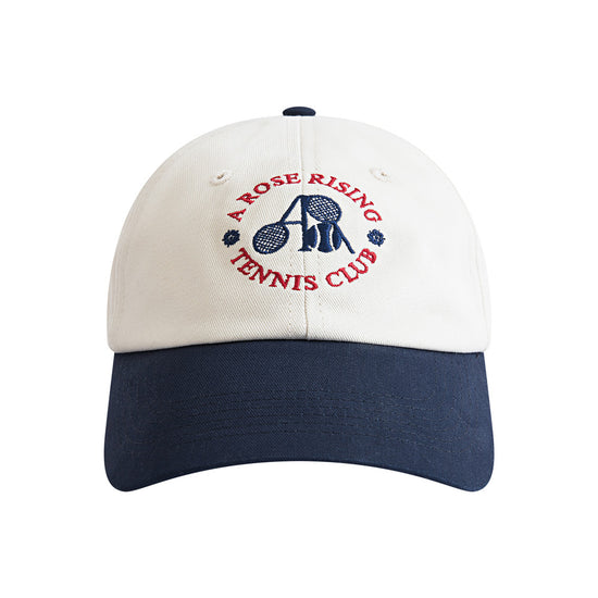 Arosris two-tone cream and navy tennis club dad hat showcasing a classic 6-panel fit, curved brim, and signature vintage crest embroidery.