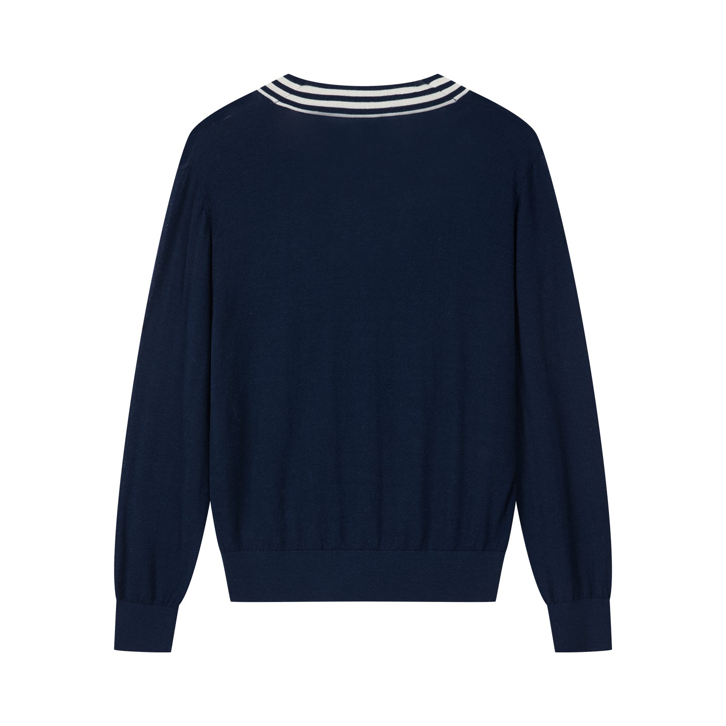 osris deep sapphire tennis club v-neck sweater displayed in product flat lay views, showcasing the classic V-neckline with contrast stripes, vintage crest embroidery, and premium seamless sheep wool knit.