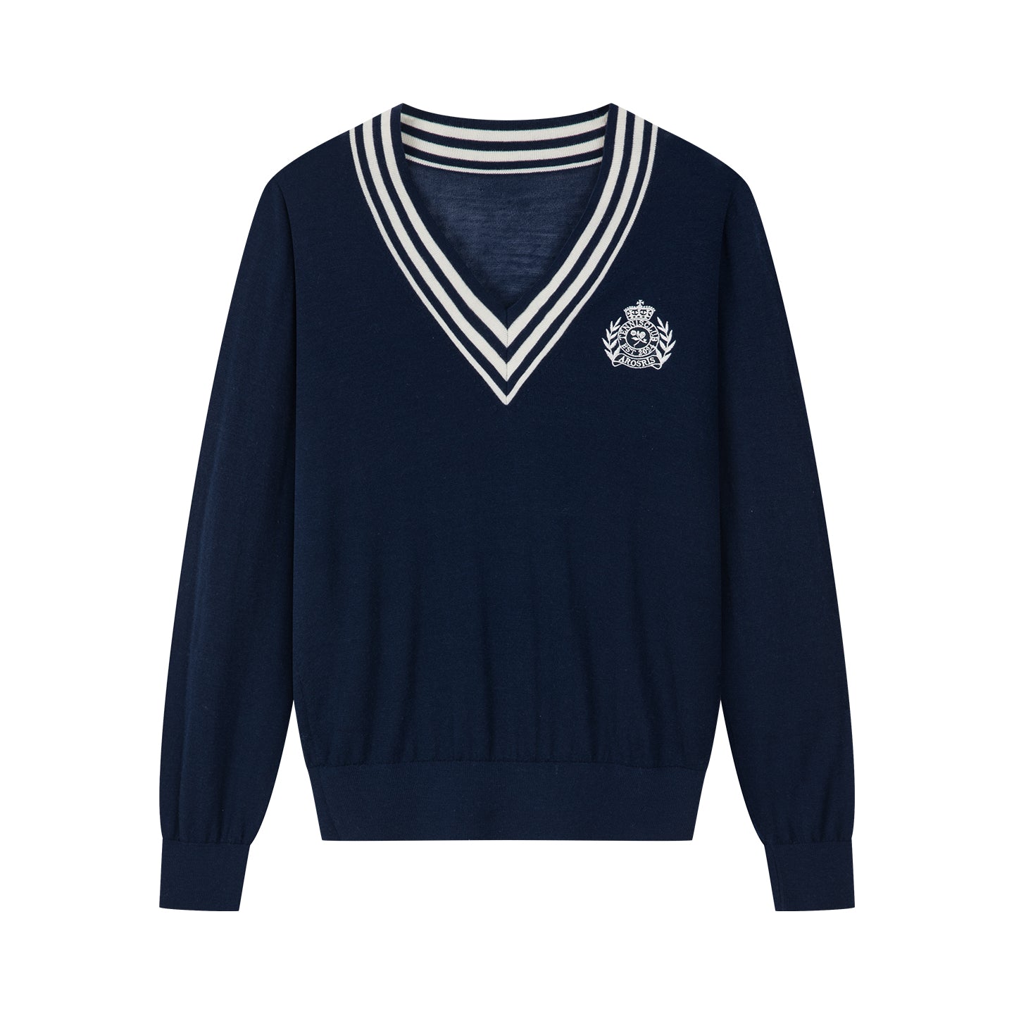 osris deep sapphire tennis club v-neck sweater displayed in product flat lay views, showcasing the classic V-neckline with contrast stripes, vintage crest embroidery, and premium seamless sheep wool knit.