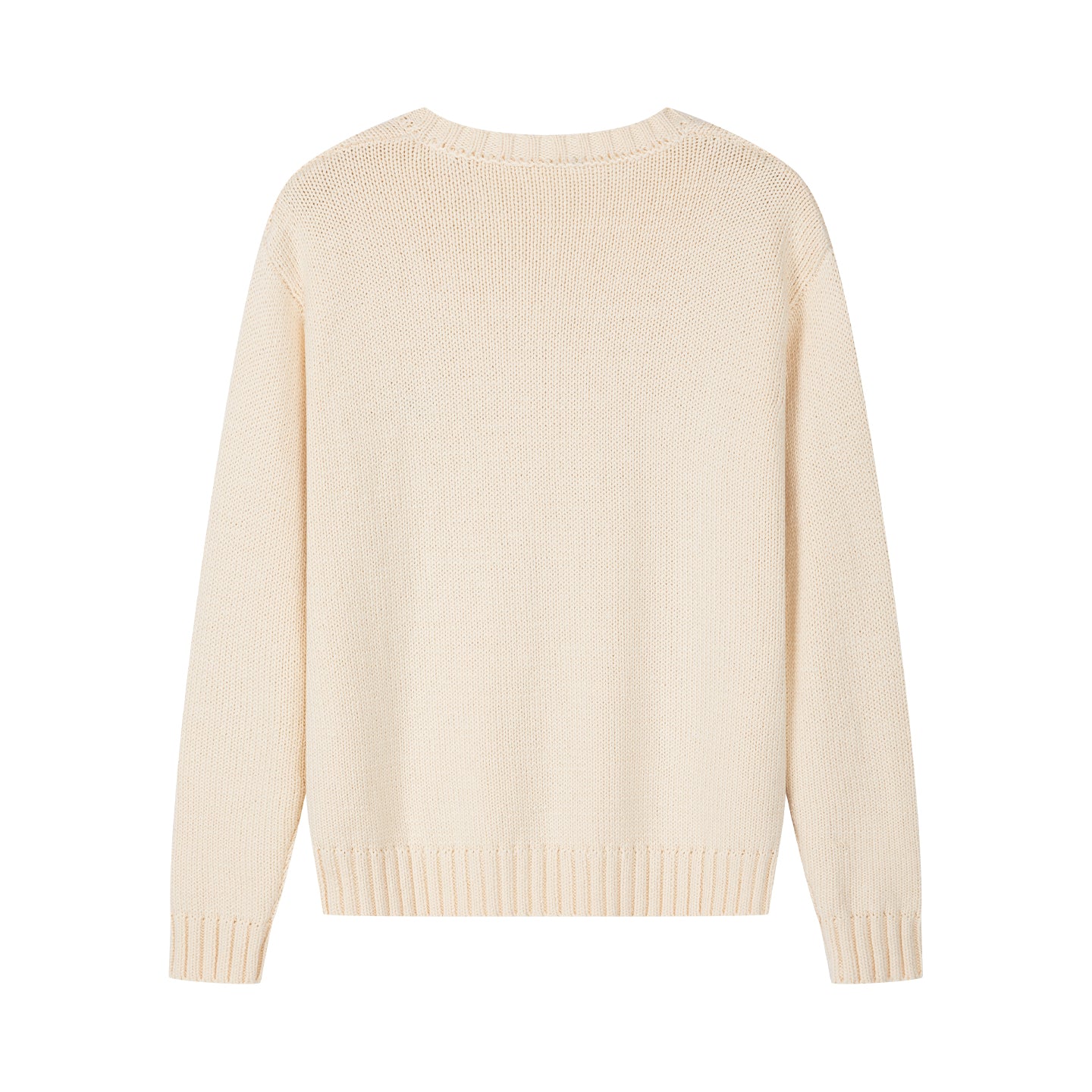 Arosris creamy khaki v-neck sweater showcasing a classic timeless silhouette, ribbed trims, and delicate vintage-inspired floral chest embroidery.