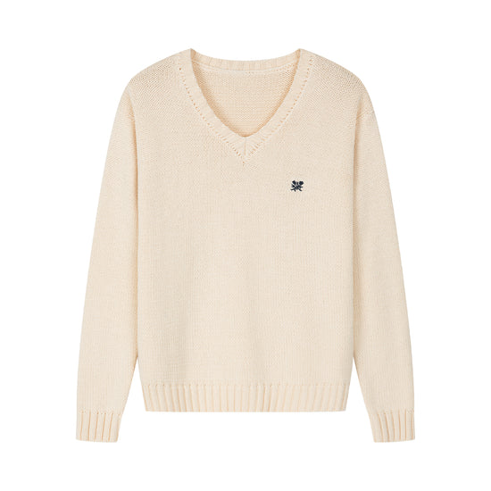 Arosris creamy khaki v-neck sweater showcasing a classic timeless silhouette, ribbed trims, and delicate vintage-inspired floral chest embroidery.