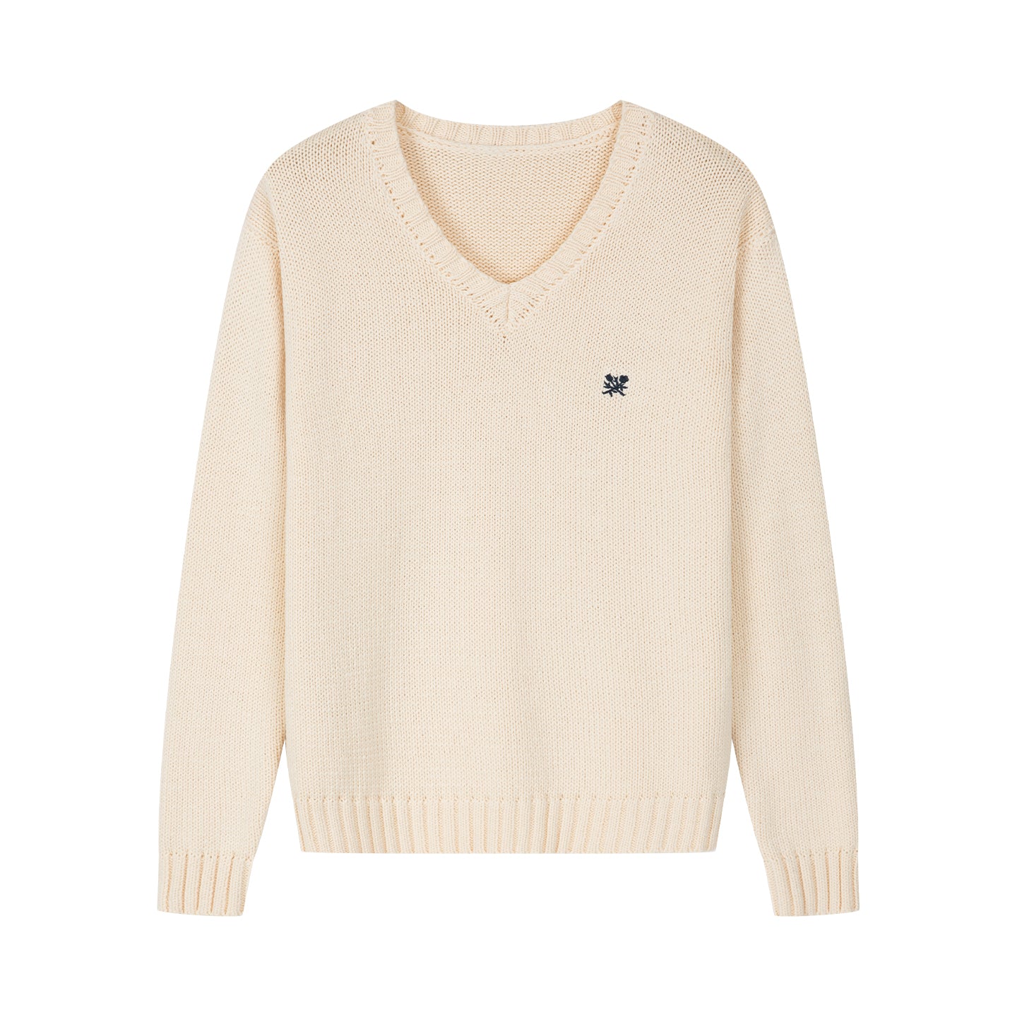 Arosris creamy khaki v-neck sweater showcasing a classic timeless silhouette, ribbed trims, and delicate vintage-inspired floral chest embroidery.