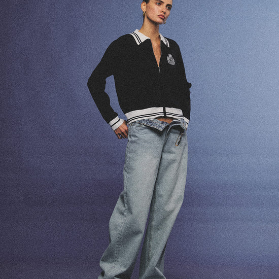 Arosris light wash high-rise wide leg denim jeans styled on a model in various poses, showcasing the structured 100% rigid cotton fit and an effortless 90s-inspired off-duty aesthetic.